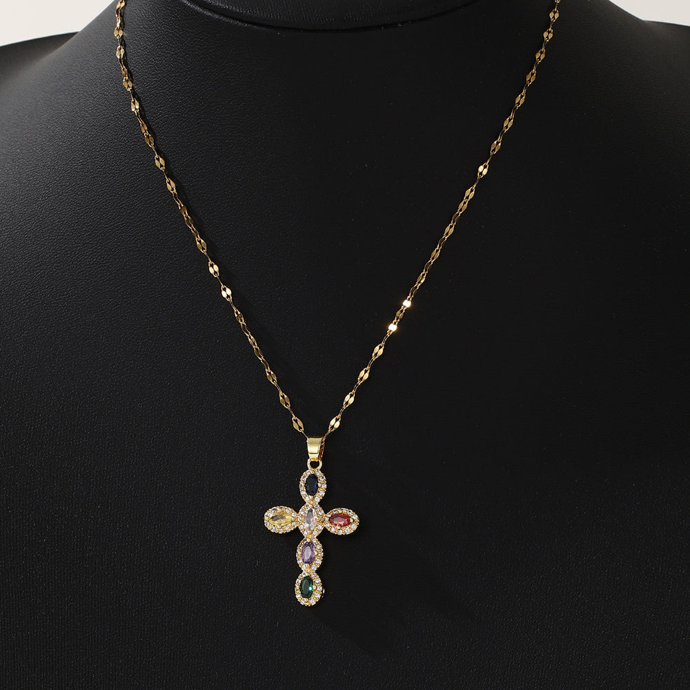 Elegant Multicolor Oval Cross Necklace
