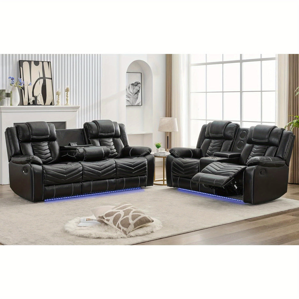 Leather Manual Recliner Sofa Set with Wireless Charger for Living Room, 3 Seater Reclining Sofa and Loveseat Seating Couch with Bass Speakers, LED Lights, Home Theater Love seat Sets with Console
