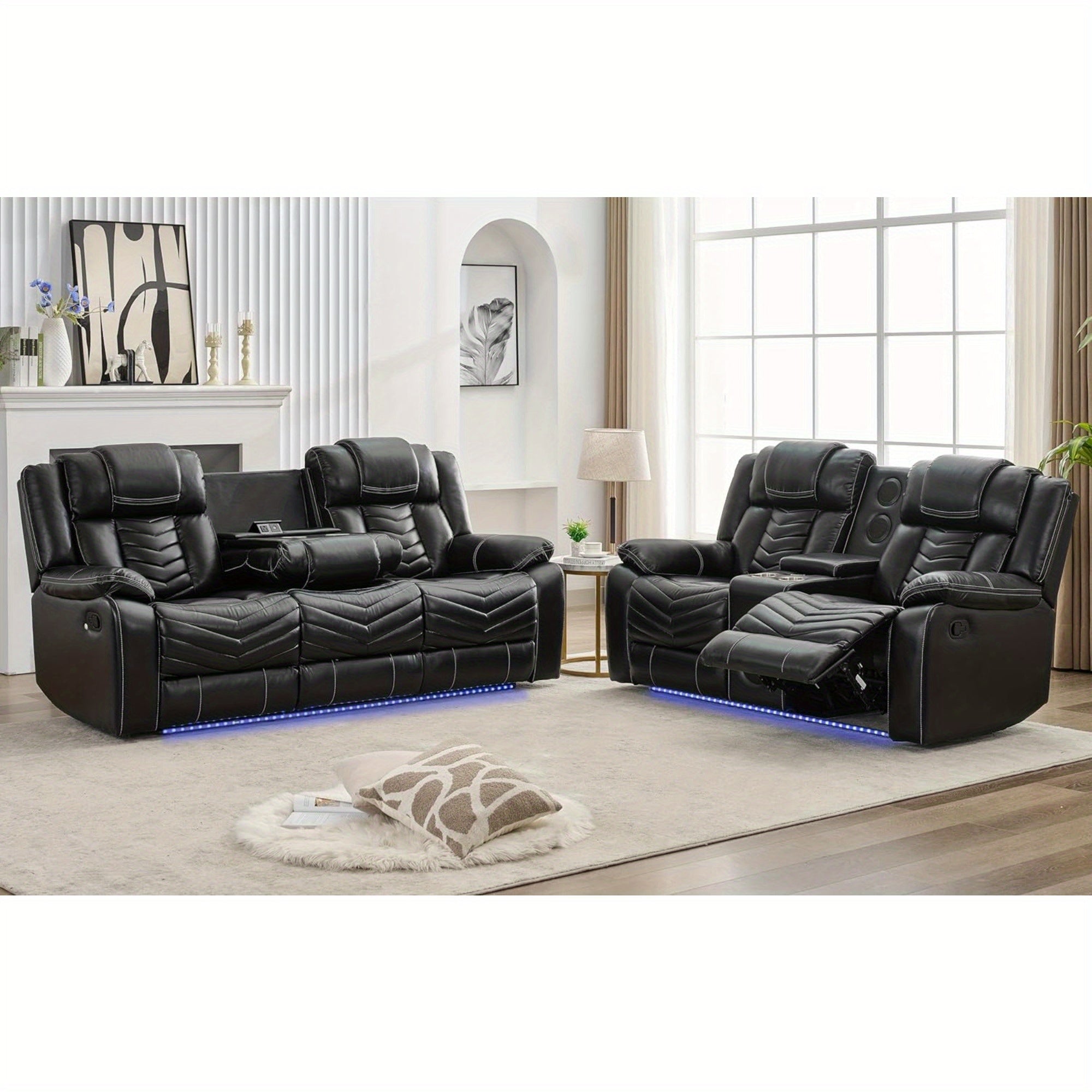 Leather Manual Recliner Sofa Set with Wireless Charger for Living Room, 3 Seater Reclining Sofa and Loveseat Seating Couch with Bass Speakers, LED Lights, Home Theater Love seat Sets with Console