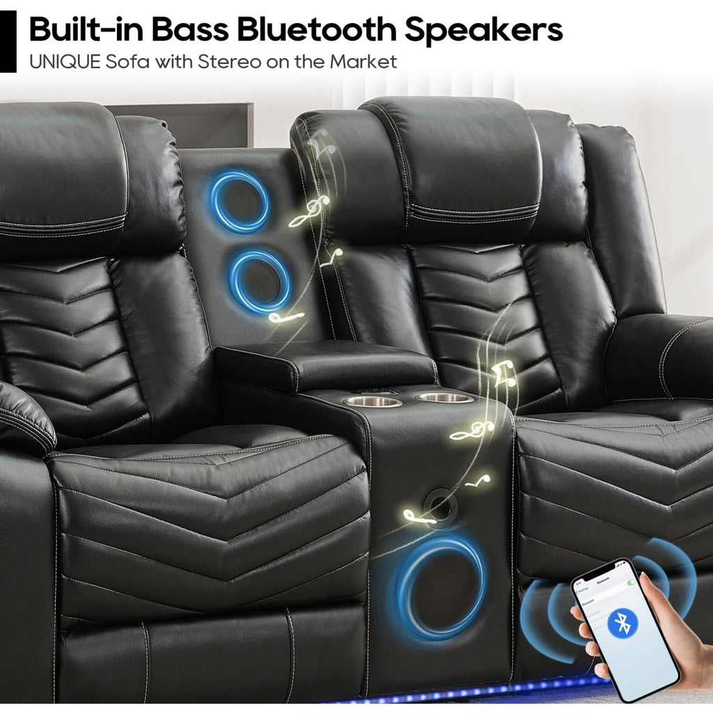 Leather Manual Recliner Sofa Set with Wireless Charger for Living Room, 3 Seater Reclining Sofa and Loveseat Seating Couch with Bass Speakers, LED Lights, Home Theater Love seat Sets with Console