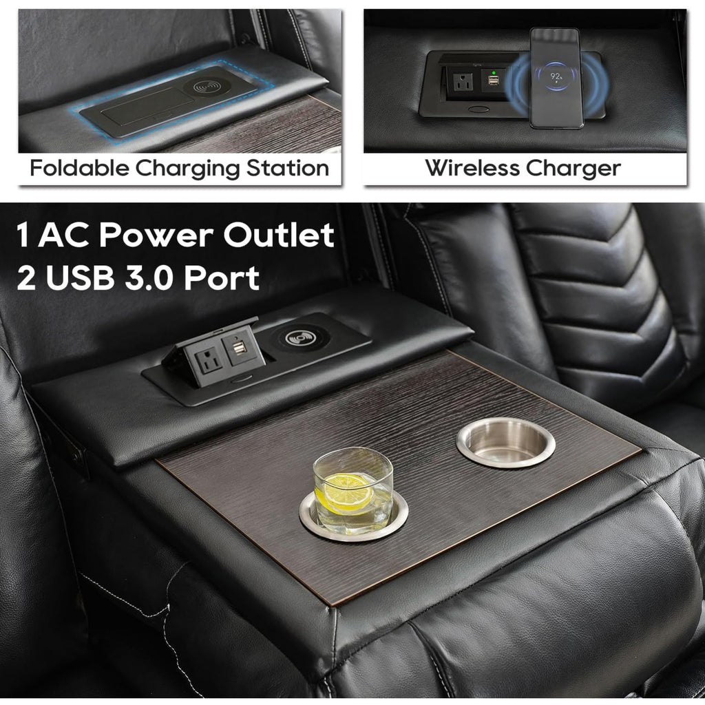 Leather Manual Recliner Sofa Set with Wireless Charger for Living Room, 3 Seater Reclining Sofa and Loveseat Seating Couch with Bass Speakers, LED Lights, Home Theater Love seat Sets with Console