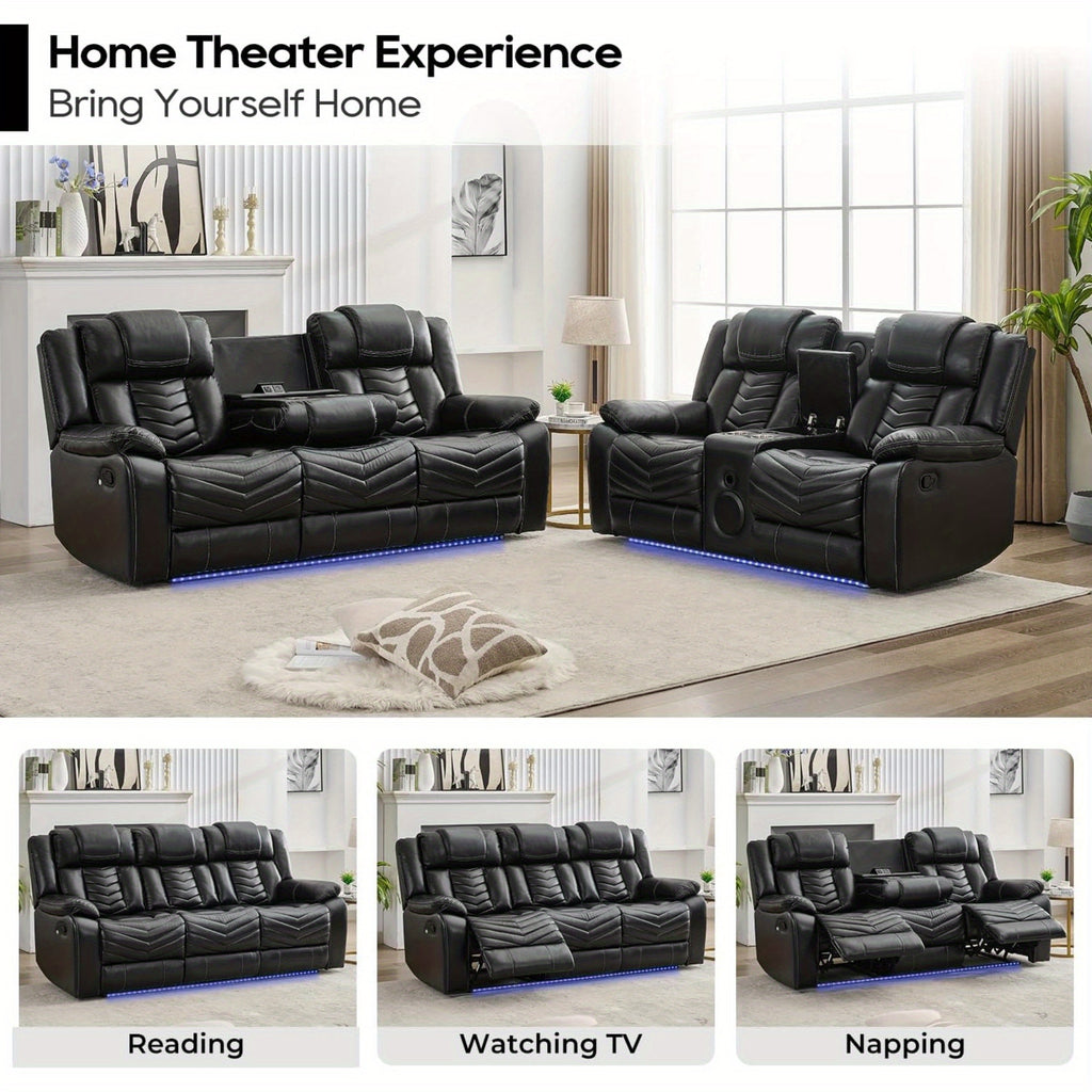 Leather Manual Recliner Sofa Set with Wireless Charger for Living Room, 3 Seater Reclining Sofa and Loveseat Seating Couch with Bass Speakers, LED Lights, Home Theater Love seat Sets with Console