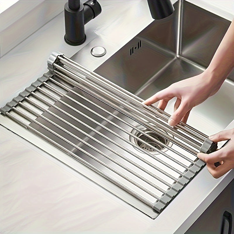 1pc Deluxe Roll-Up Stainless Steel Dish Drying Rack - Space-Saving Over-The-Sink Design, Portable & Anti-Rust, Easy to Clean Kitchen Sink Organizer for Small Spaces, Dish Drying Rack for Kitchen Counter, Sleek Metallic Finish