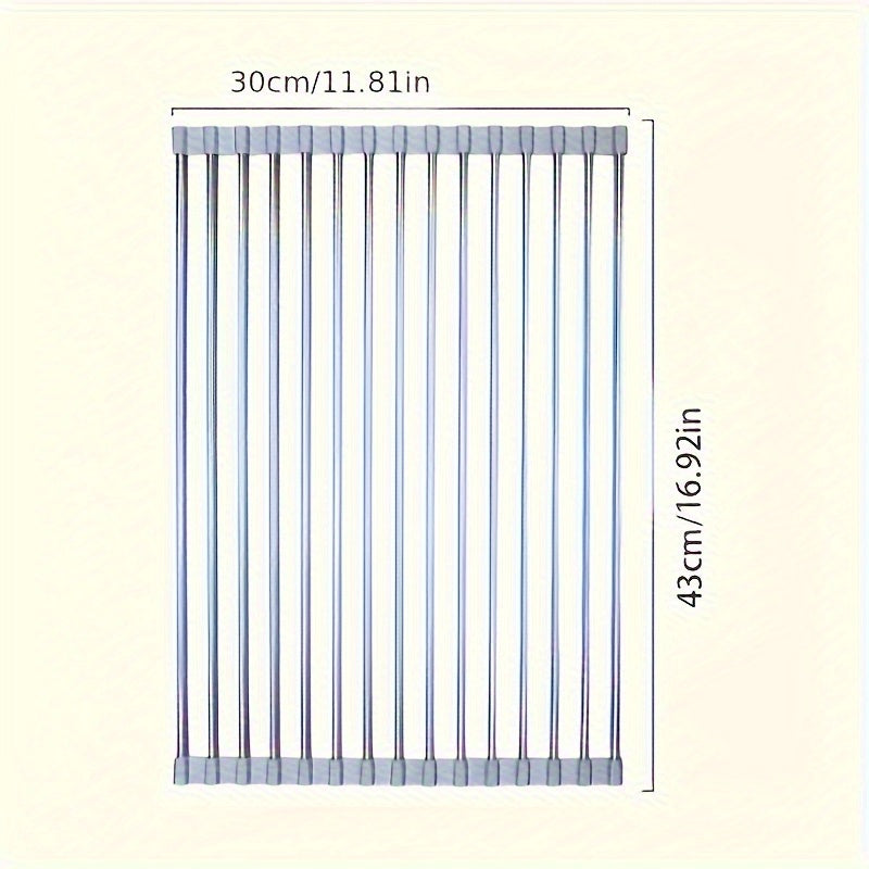 1pc Deluxe Roll-Up Stainless Steel Dish Drying Rack - Space-Saving Over-The-Sink Design, Portable & Anti-Rust, Easy to Clean Kitchen Sink Organizer for Small Spaces, Dish Drying Rack for Kitchen Counter, Sleek Metallic Finish