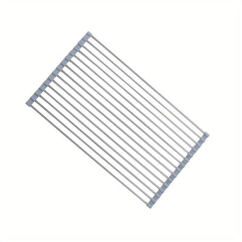 1pc Deluxe Roll-Up Stainless Steel Dish Drying Rack - Space-Saving Over-The-Sink Design, Portable & Anti-Rust, Easy to Clean Kitchen Sink Organizer for Small Spaces, Dish Drying Rack for Kitchen Counter, Sleek Metallic Finish