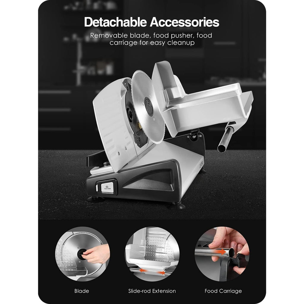 OSTBA Electric Meat Slicer with Child Lock Protection, Removable 7.5" Stainless Steel Blade & Food Carriage, Adjustable Thickness for Meat, Cheese, Bread (150W/200W)