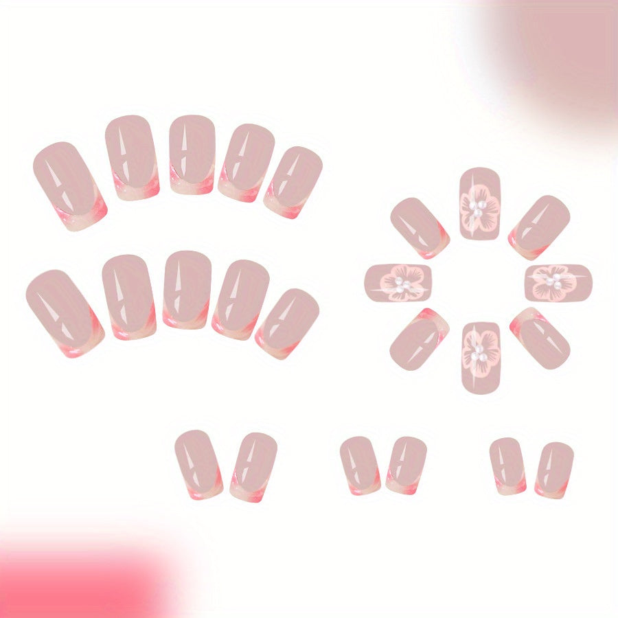 24-Pc Press-On Square Nails, Medium Length, French Flower Pearl 3D Embossed Design, Mixed Color System, Glossy Finish - Full Cover False Nails Set for Women and Girls with Jelly Glue & Filing Stick