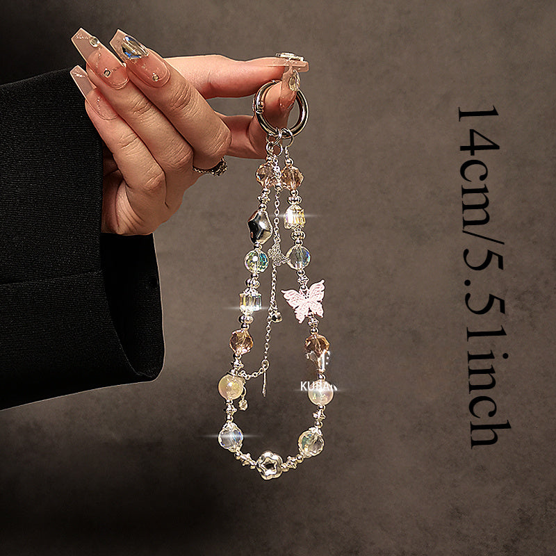 [Luxury Wristlet] Versatile Luxury Pink Butterfly Beaded Wristlet | Phone Case, Car Keychain & Bag Charm Accessory, Aesthetic