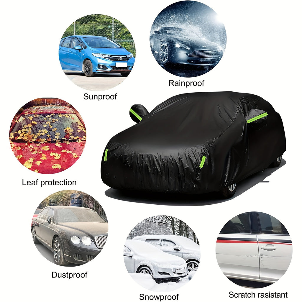 Universal Fit All-Weather Car Cover with Enhanced Wind & Snow Protection, Dust Guard, Reflective Strip, Mirror & Bumper Safeguard
