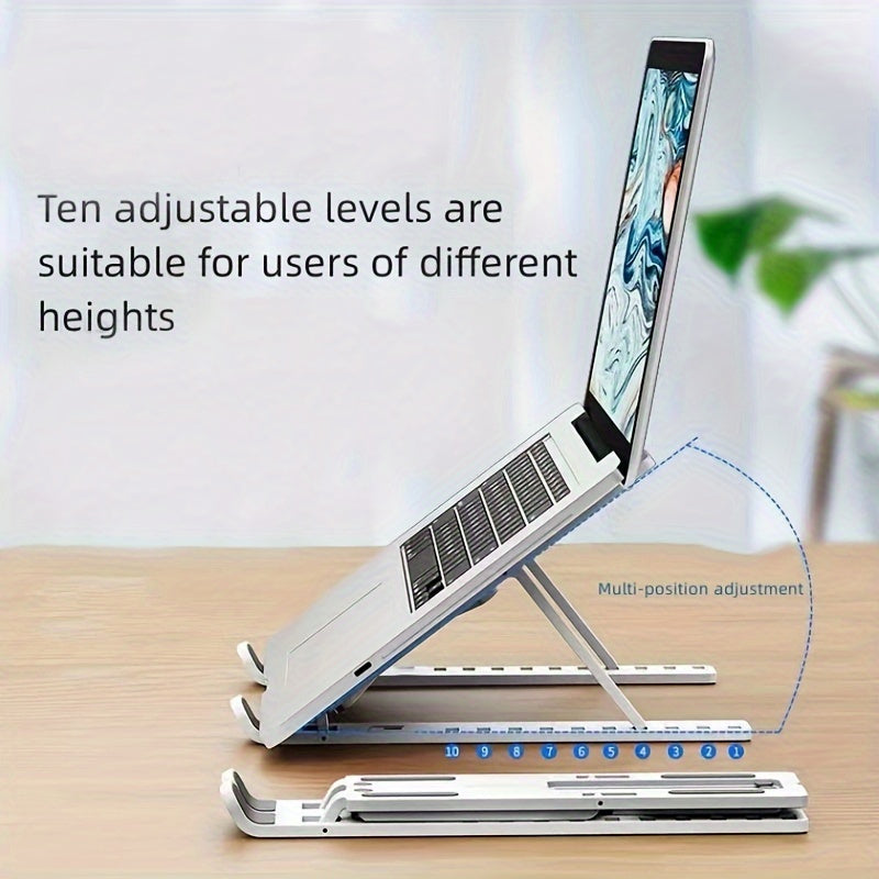Travel Friendly| Adjustable & Portable Laptop Stand - Sleek ABS Material, 10-Level Folding Notebook Holder with Cooling Base, Ergonomic Design for All Laptops