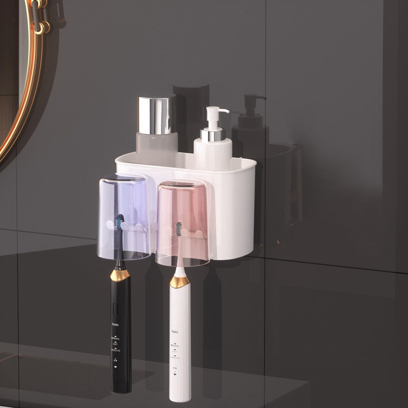 Durable Plastic Space-Saving Wall-Mounted Holder - Multi-Cup Toothbrush & Mouthwash Organizer with Ample Storage