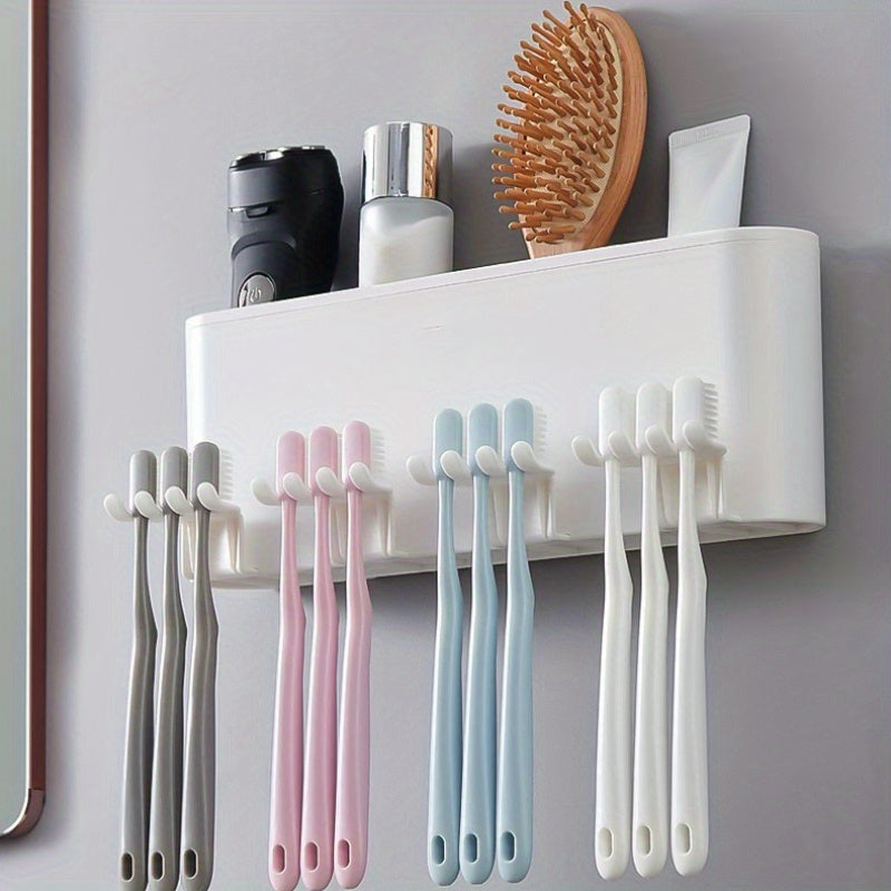 Durable Plastic Space-Saving Wall-Mounted Holder - Multi-Cup Toothbrush & Mouthwash Organizer with Ample Storage