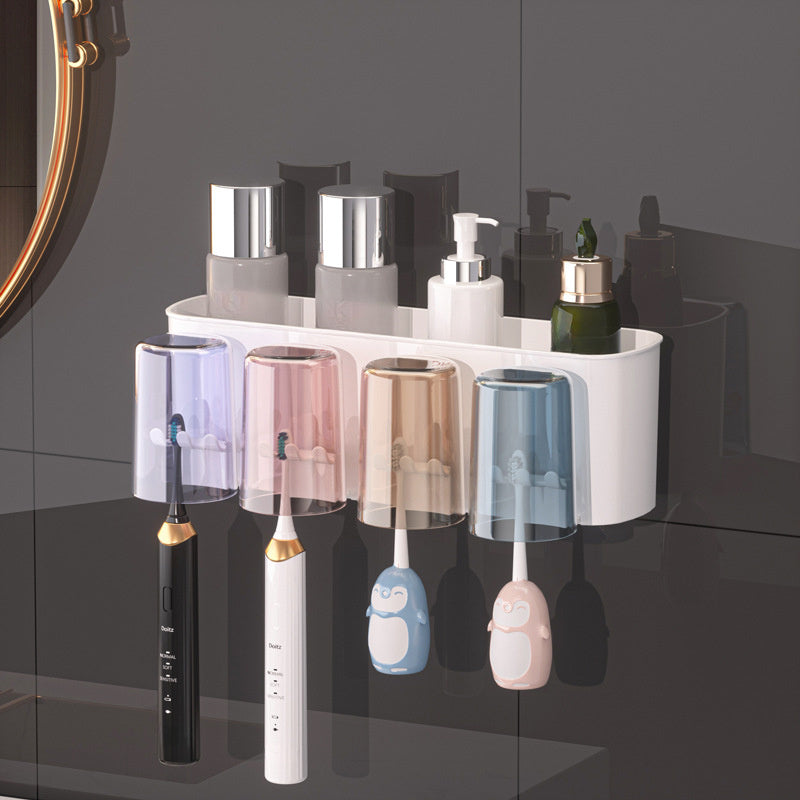 Durable Plastic Space-Saving Wall-Mounted Holder - Multi-Cup Toothbrush & Mouthwash Organizer with Ample Storage