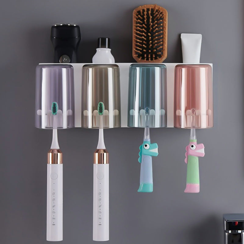 Durable Plastic Space-Saving Wall-Mounted Holder - Multi-Cup Toothbrush & Mouthwash Organizer with Ample Storage