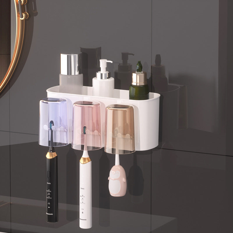 Durable Plastic Space-Saving Wall-Mounted Holder - Multi-Cup Toothbrush & Mouthwash Organizer with Ample Storage