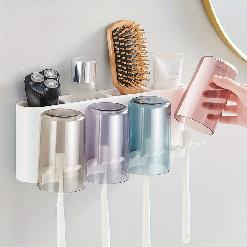 Durable Plastic Space-Saving Wall-Mounted Holder - Multi-Cup Toothbrush & Mouthwash Organizer with Ample Storage