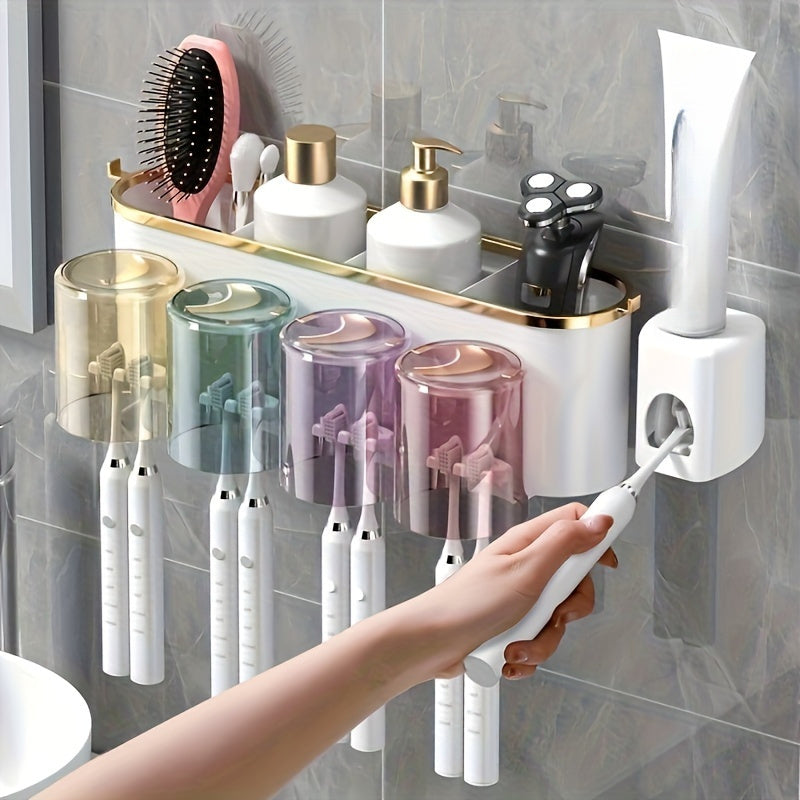 Durable Plastic Space-Saving Wall-Mounted Holder - Multi-Cup Toothbrush & Mouthwash Organizer with Ample Storage