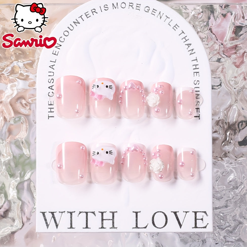 24pcs for hello kitty Nail Stickers - Cute Cartoon Design, Glossy Finish, Removable Press-On Nails for Manicure & Pedicure, Perfect for Hand & Foot Care, Nail Art Supplies | Cartoon Nail Art | Glossy Finish Nails, Nail Decora