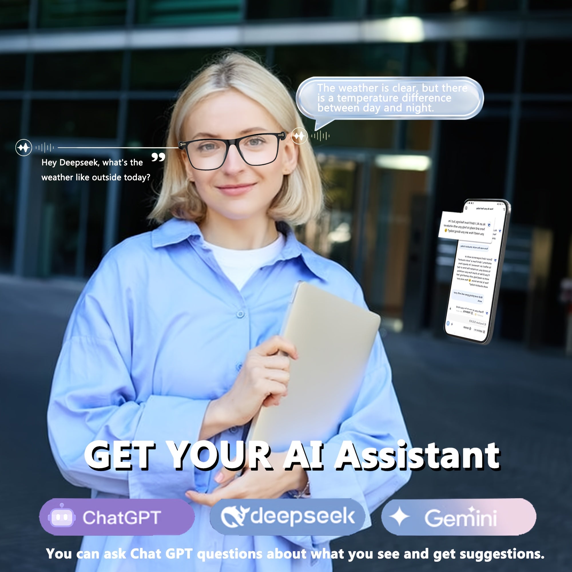 OICIIDO AI Smart Glasses, New Multifunctional Audio Glasses for Men and Women, Support Real-Time Translation for 160+ Languages and Video Translation, Equipped with Chat GPT System, Built-In Microphone and Speaker, HD Voice C