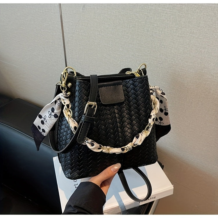 Women's Woven Tote & Bucket Bag - Convertible Crossbody/Handbag with Golden-Tone Hardware, Beige/Black Detachable Strap, Retro Woven-Pattern Shoulder Purse for, Casual & Formal Events (Adjustable, Snap Closure)