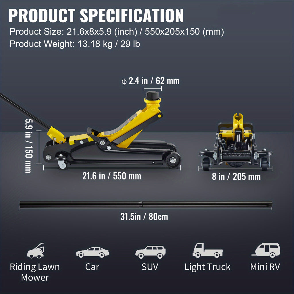 Happybuy 2.5 Ton Compact Steel Sport Elevator, Single Cylinder Ground Lift with Adjustable Handle and Safety Warning Labels - Black & Yellow, 3.35"-14.96" Height Range, Industrial Lifting Equipment|Manual Operation Lift|Iron