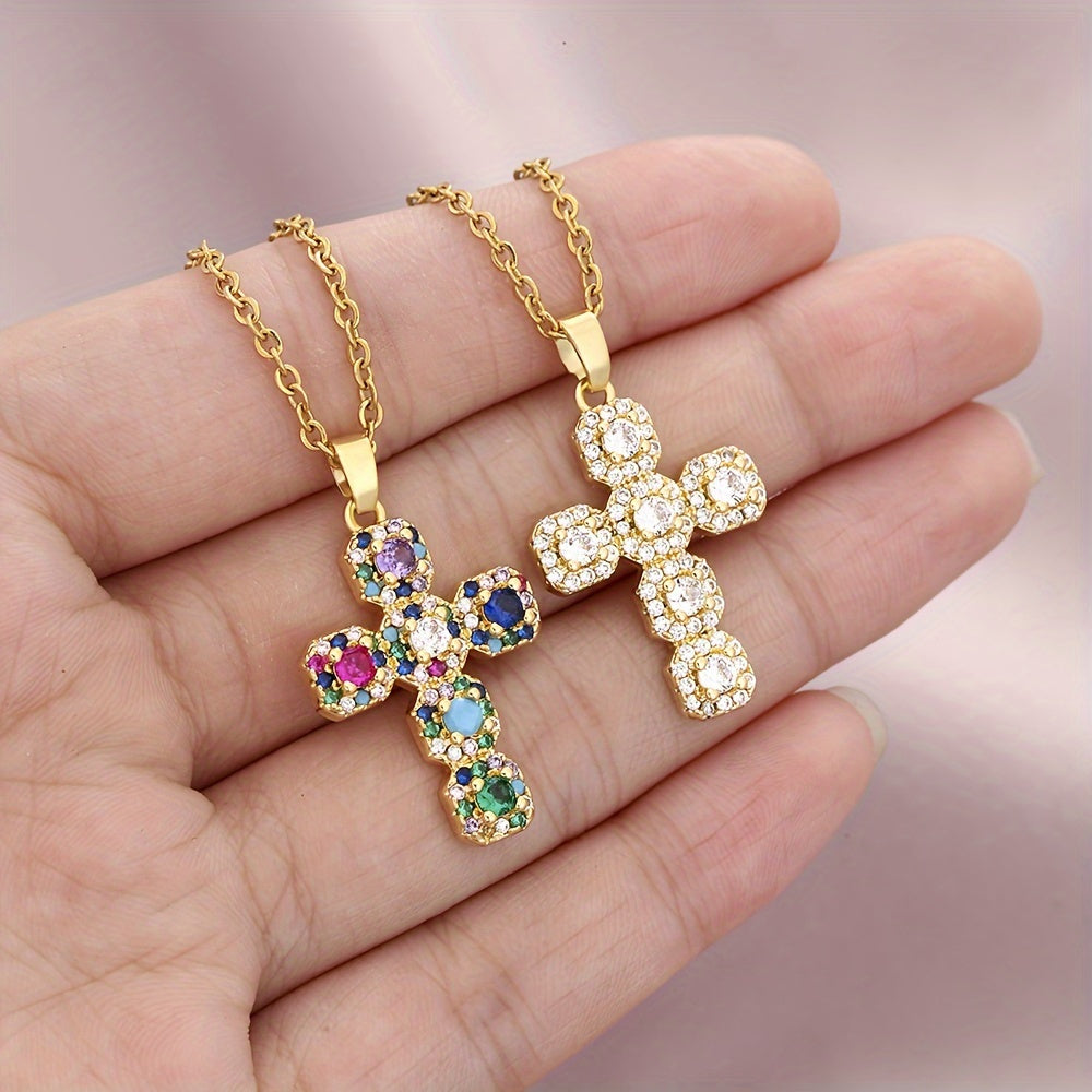 Colorful Inlaid Cubic Zirconia Cross Necklace