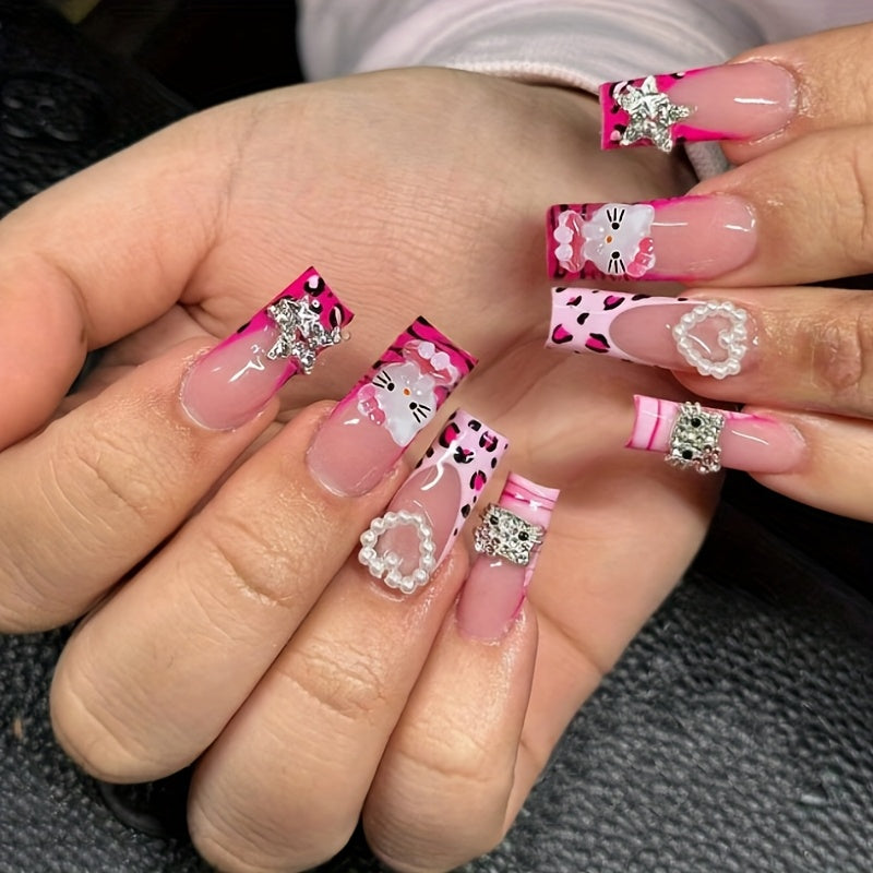 24pcs Sanrio for hello kitty Press-On Nails - Y2K Cute Kitty Cat Design with Red Leopard Print, Medium Coffin Shape, French Tip & Stars, Glossy Finish, Long Length, Pink & White Glitter Accents for Daily Wear & Parties - Perf