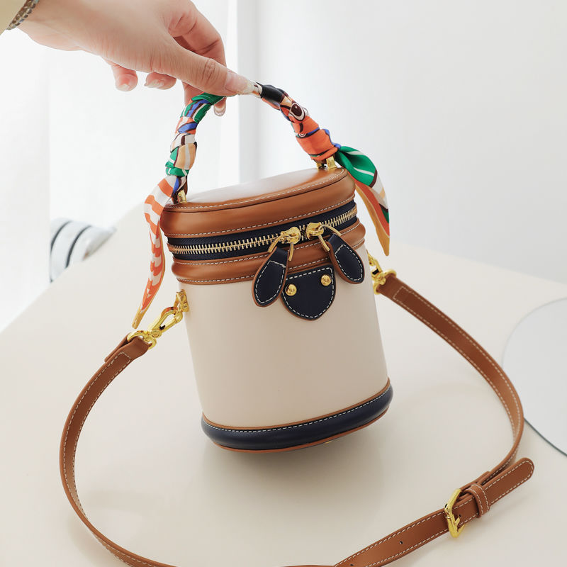 Colorblock Shoulder Cylinder Bucket Bag, Scarf Decor Top Handle Bag, Stylish Crossbody Purse For Women