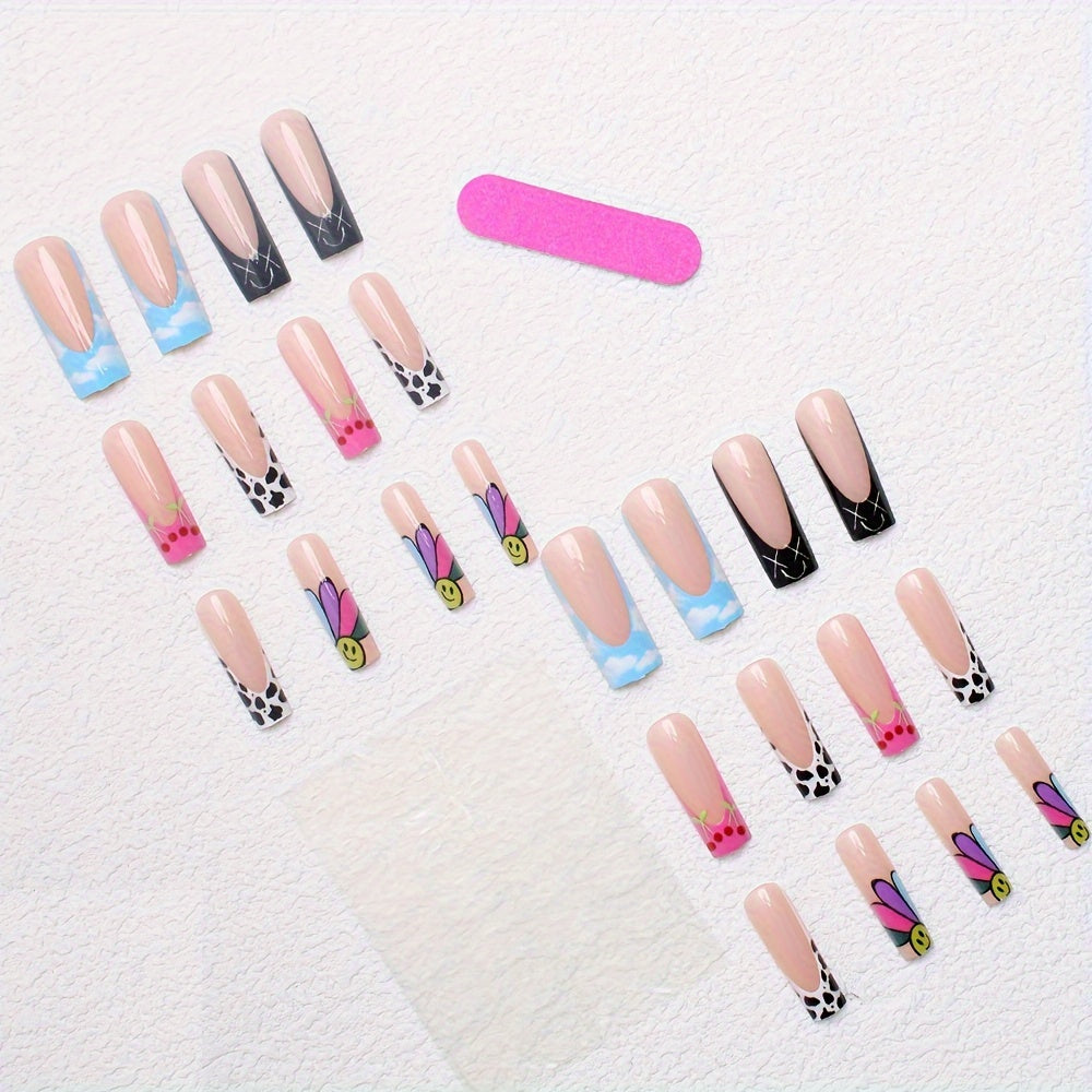 24pcs Set of Adult Wearable Nails, 2024 New High-End Sweet Cool Style with Playful Floral Graffiti Design, Detachable Nail Art for Women and s