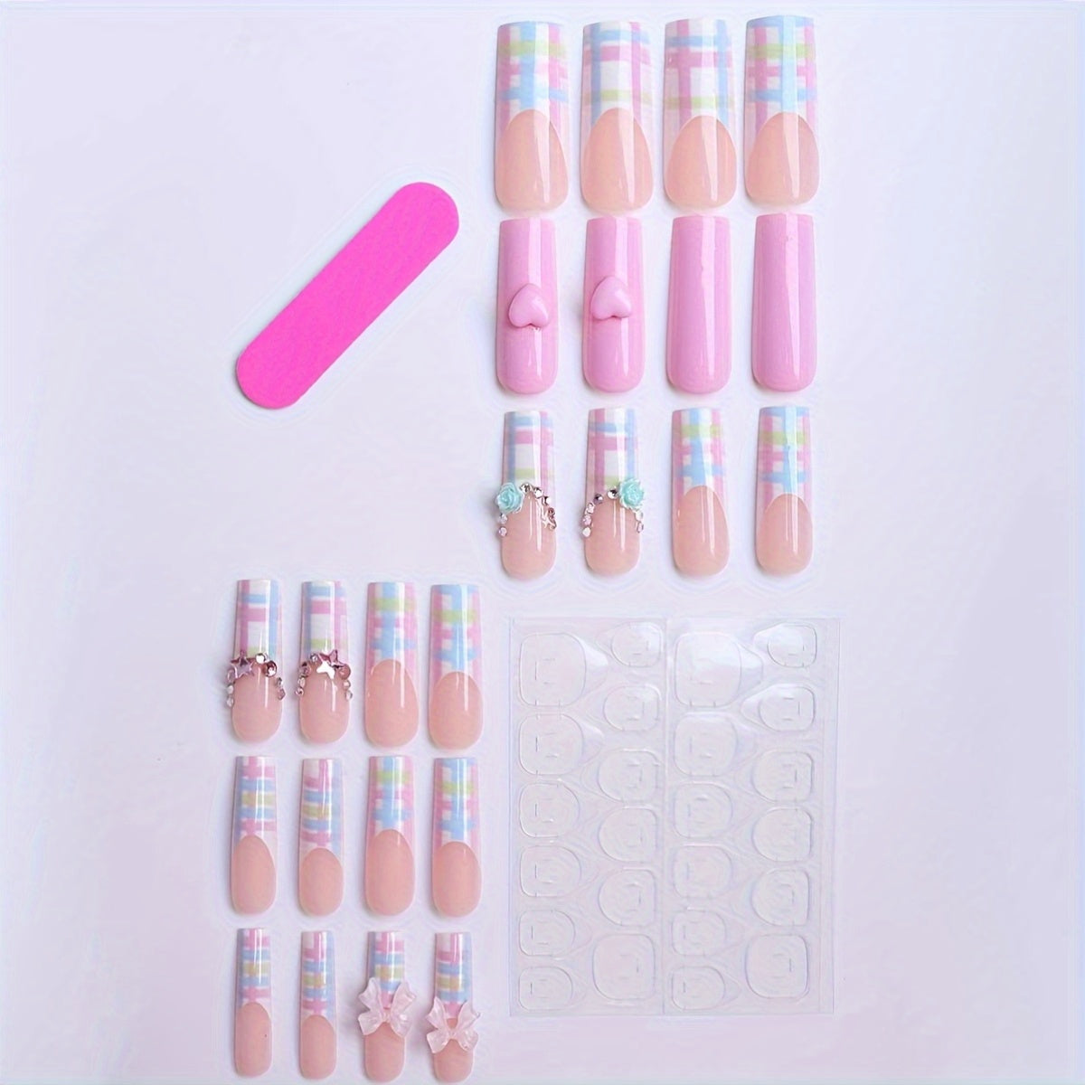 A Gift Box Containing 24 Long Square-Shaped Press-On Nails for Spring And Summer, Featuring Cute Dopamine Designs with Milky White Bows, Pink 3D Hearts, Rainbow Checkered Stripes, Aurora Blue-Green Camellias, Silvery Glitter,