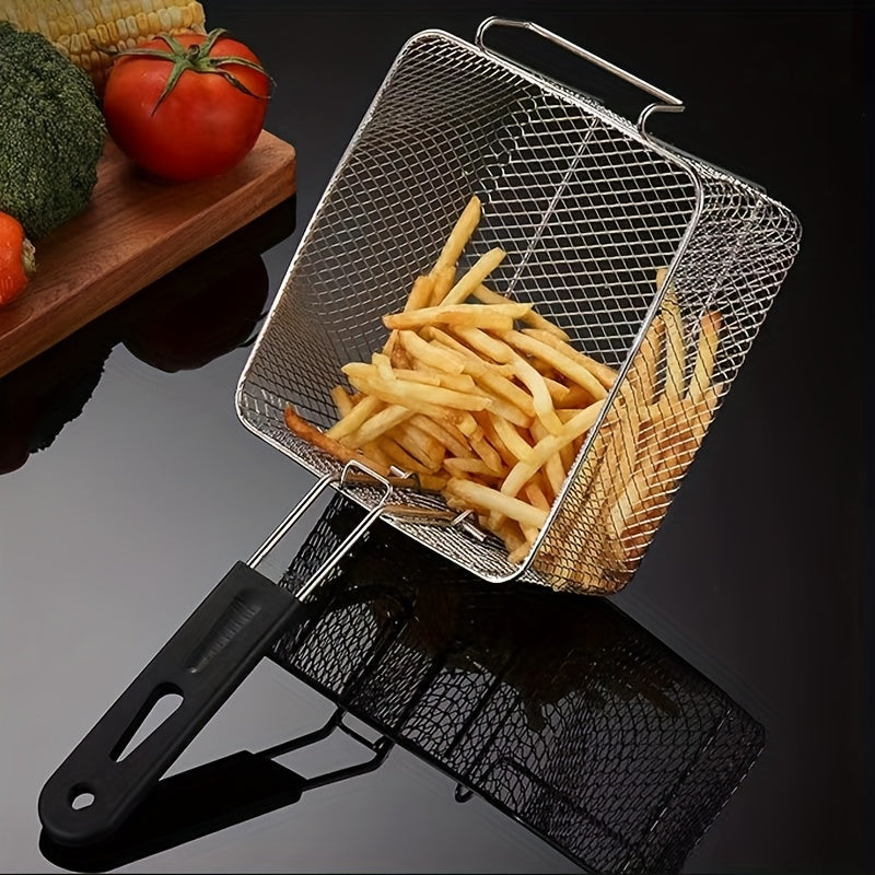 [Stainless Steel Frying Basket] Stainless Steel Frying Basket with Foldable Handle, Heat-Resistant Mesh for French Fries, Chicken Wings, and Snacks, Easy to Clean Cooking Tool for Home and Commercial Kitchen Use