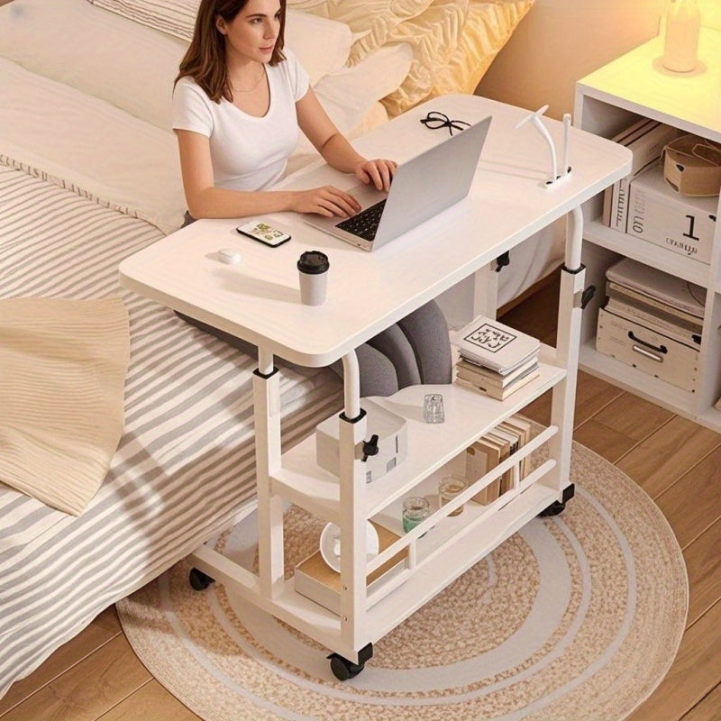Rolling Table with Wheels, Adjustable Height Heavy-Duty Folding Desk, Storage Shelf & Wood/Metal Frame, Space-Saving Mobile Workstation, Easy Assembly (No Tools), for Office, Bedside, Dorm, Small Spaces, White/Mixed Color