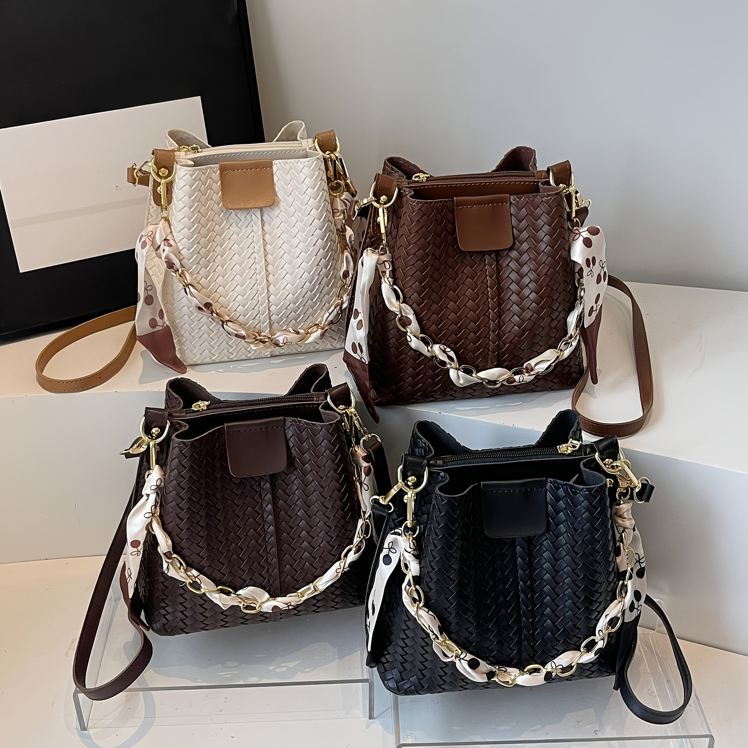 Women's Woven Tote & Bucket Bag - Convertible Crossbody/Handbag with Golden-Tone Hardware, Beige/Black Detachable Strap, Retro Woven-Pattern Shoulder Purse for, Casual & Formal Events (Adjustable, Snap Closure)