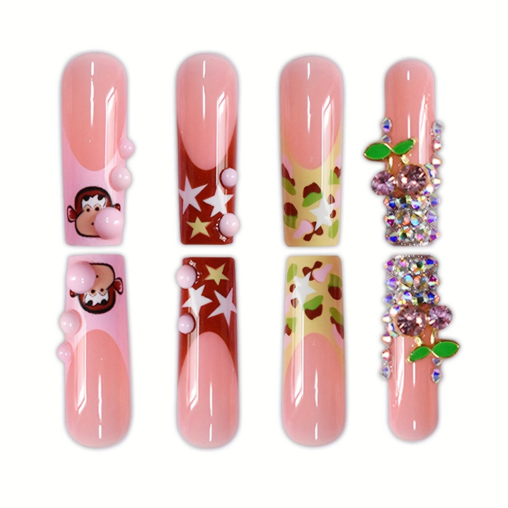 A Set of 24 Long Coffin-Shaped False Nails, Cute Cartoon Monkeys, Sweet Three-Dimensional Cherries, Light Luxury Diamonds, Fashionable Stars, Silvery Glitter, Suitable for All Women And, Nail Polish And Jelly Glue Are Include