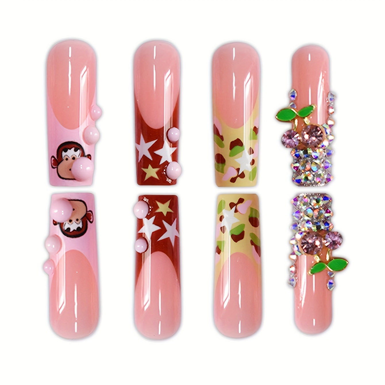 A Set of 24 Long Coffin-Shaped False Nails, Cute Cartoon Monkeys, Sweet Three-Dimensional Cherries, Light Luxury Diamonds, Fashionable Stars, Silvery Glitter, Suitable for All Women And, Nail Polish And Jelly Glue Are Include