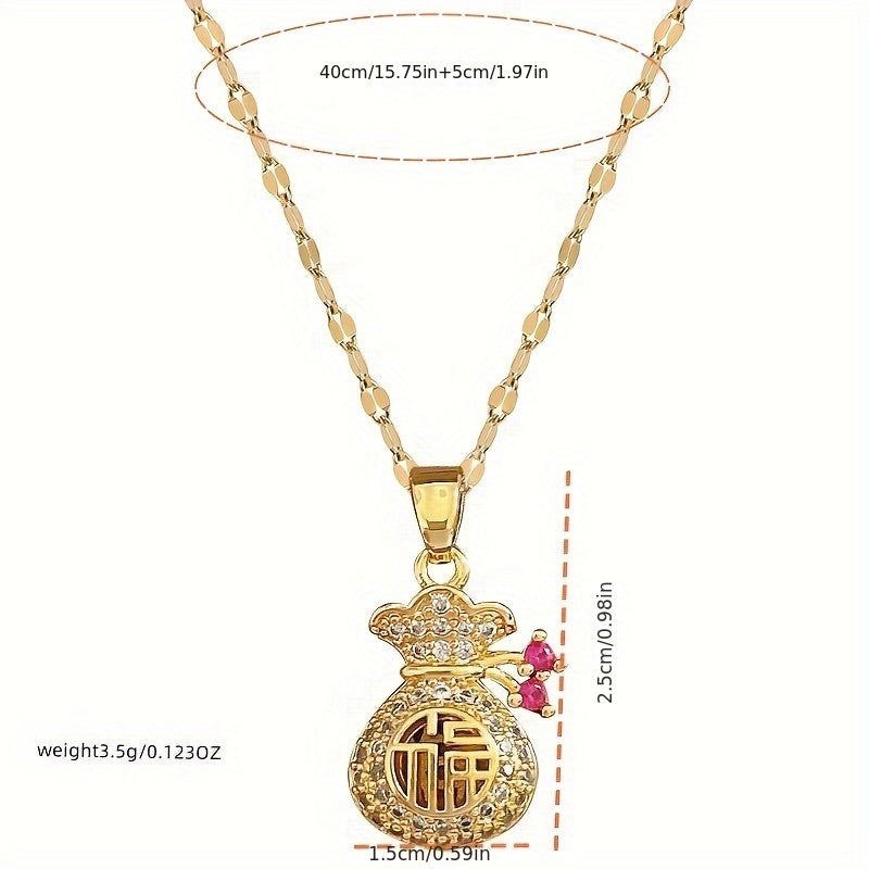 Fashion Money Bag Pendant Necklace for Women - Alloy, Yellow, Synthetic Cubic Zirconia, Fashion Themed, Suitable for Ages 15+ - Elegant Non-Plated Korean/Japanese-Inspired Design with Lucky Fu Bag Charm