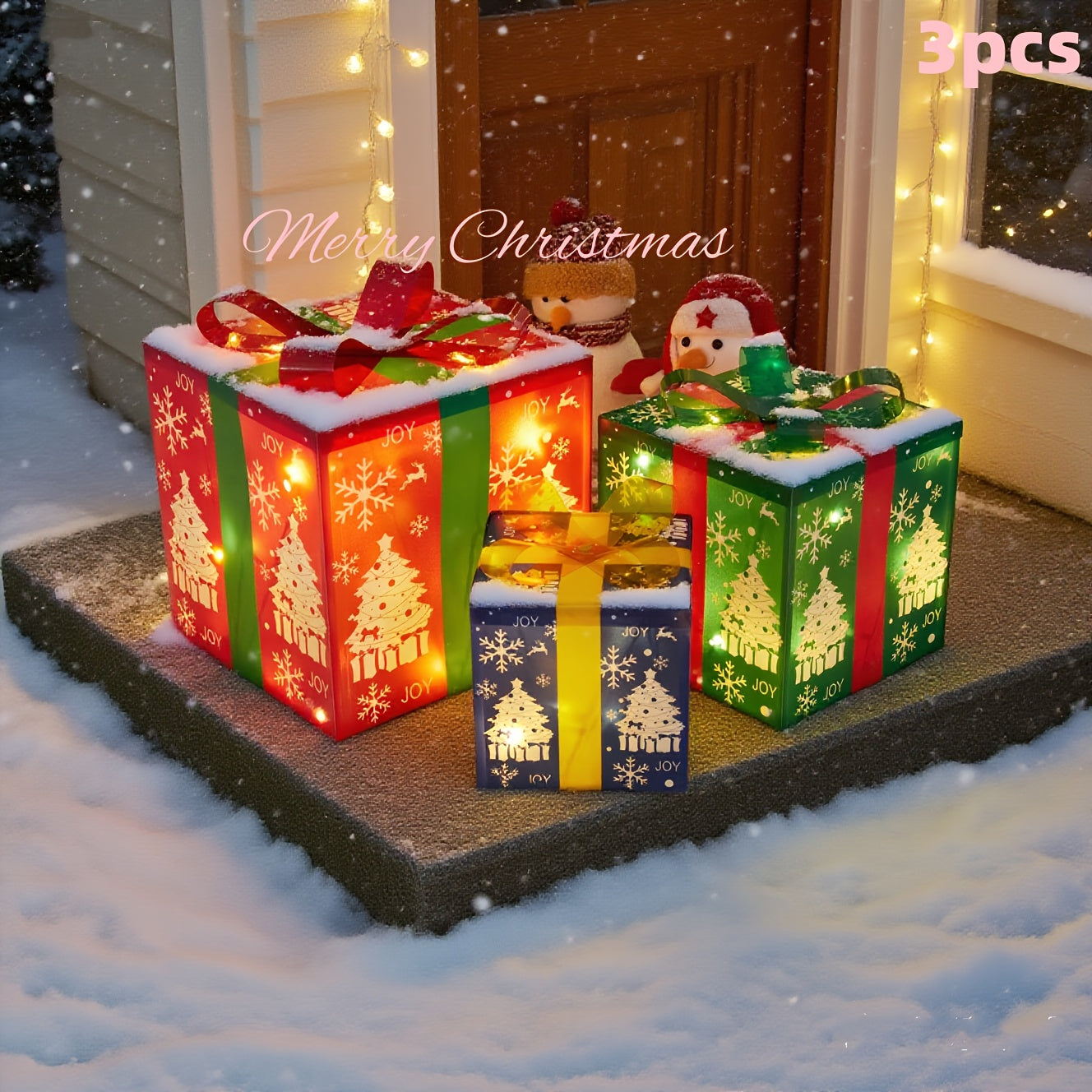 3pcs Lighted Christmas Gift Box Set with Warm LED Lights & Snowy Ribbon Bows - Battery-Powered Indoor/Outdoor Plastic Decorations with Stake Installation, Classic Winter Design for Xmas Tree, Yard, Home - Cordless Holiday Dec