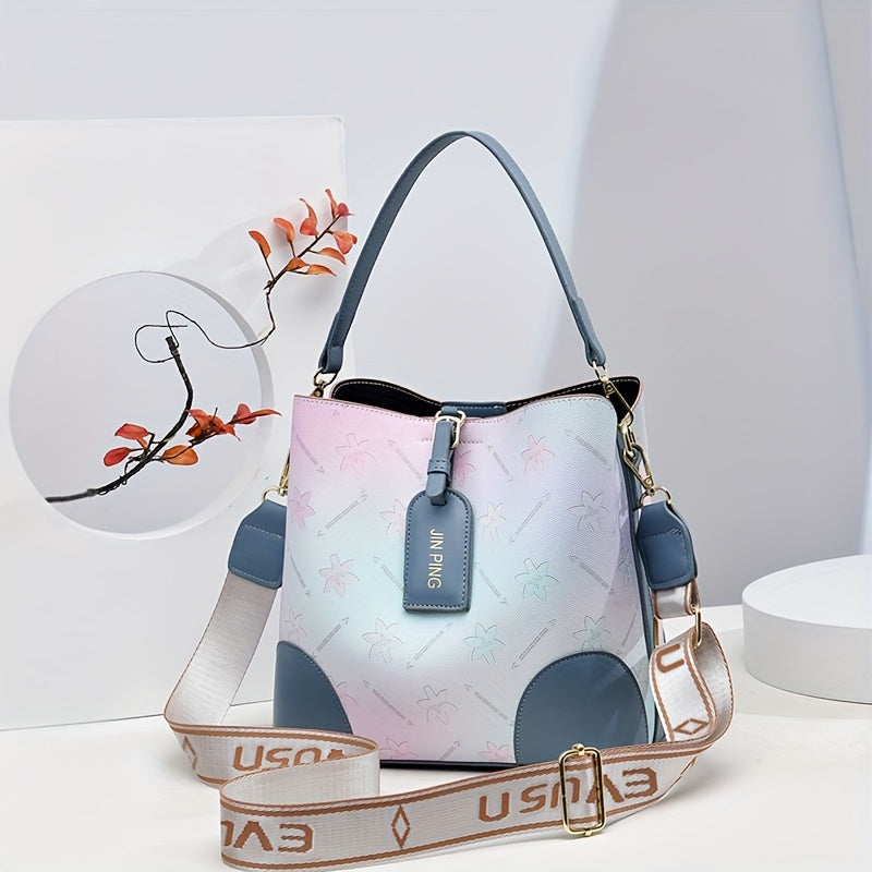 [Trendy Bucket Bag] Trendy Ombre Bucket Bag | Letter Print Handbag, Fashion Buckle Decor, Women's Every Day Purses