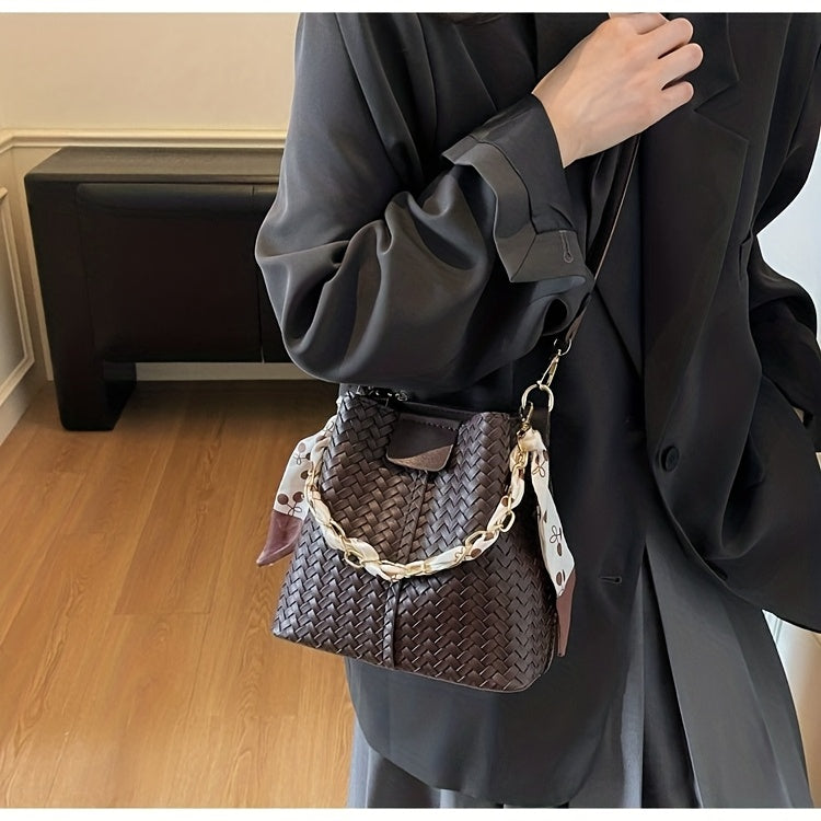 Women's Woven Tote & Bucket Bag - Convertible Crossbody/Handbag with Golden-Tone Hardware, Beige/Black Detachable Strap, Retro Woven-Pattern Shoulder Purse for, Casual & Formal Events (Adjustable, Snap Closure)