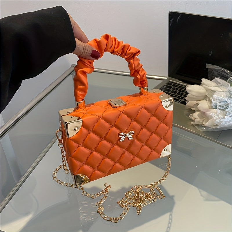 Elegant Quilted Diamond Pattern Mini Box Bag with Bow Accent - Women's Ruched Handle & Chain Strap   in Orange, Pink, White, Green, Black | Faux Synthetic Leather, Faux Fur Lined, Ladies Handbags