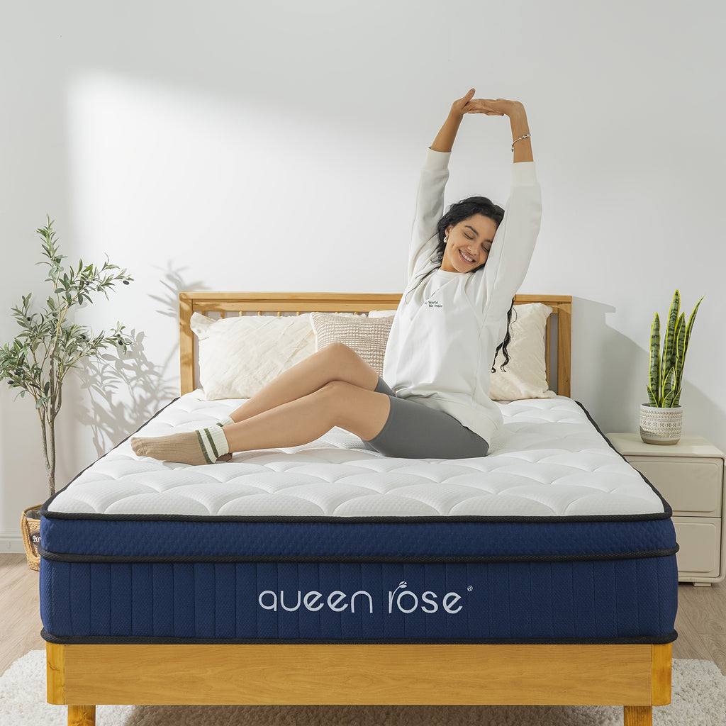 QUEEN ROSE 12 Inch Hybrid Mattress in a Box with Gel Memory Foam & Individually Wrapped Pocket Coils - Medium Soft Feel, Motion Isolation, Edge Support, Cooling Breathable European Cover, Twin/Full/Queen/King Sizes, White & B