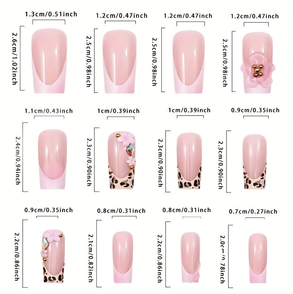 24pcs Leopard Print 3D Water Drop Flower Press-On Nails - Pink & White Gradient, Square Shape, Glossy Finish, Perfect for Daily Wear & Parties, Stylish Fake Nails for Women, Party Nails | Leopard Print Nails | Glossy Finish N