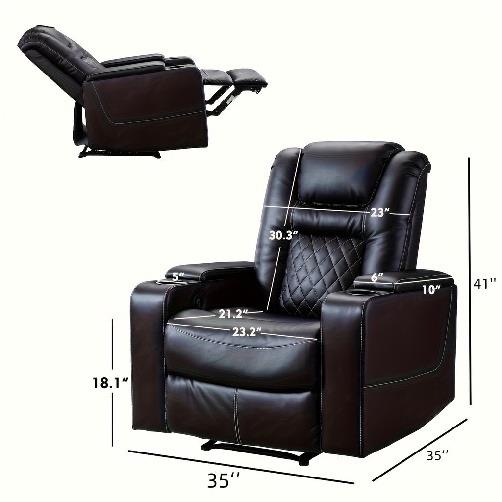 Power Recliner Chair, Heavy-Duty Frame & Soft Faux Leather Upholstery, Hidden Storage & Easy Operation, Compatible with Plug, Black, Modern Lazy Boy Sofa for Home Theater Seating, Easy Assembly