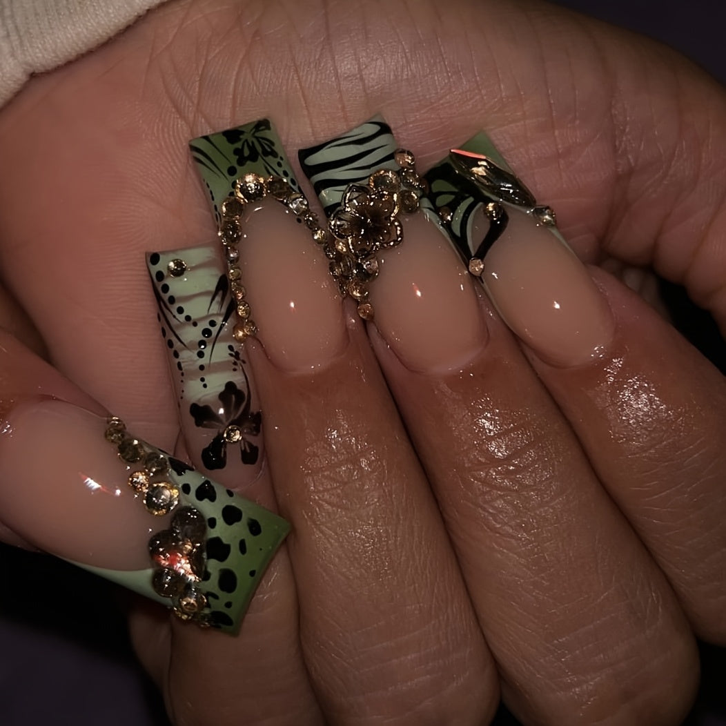 10pcs Handmade Press On Nails Green French Tip Fake Nails with Leopard Zebra Print Design, 3D Butterfly Rhinestone Stick On Nails, Glossy Long Coffin False Nails for Women Girls