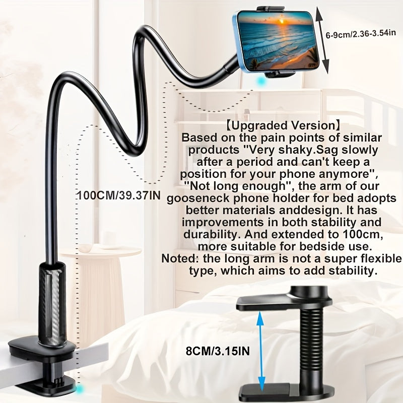 Waterproof FlexiGooseneck 1pc Cell Phone Holder - Universal Clamp Mount for 3.5-6.7" Devices, Bendable Arm Stand - Ideal for Bed, Desk, Sofa, Table, Headboard, Hands-Free Viewing, Perfect Christmas Gift
