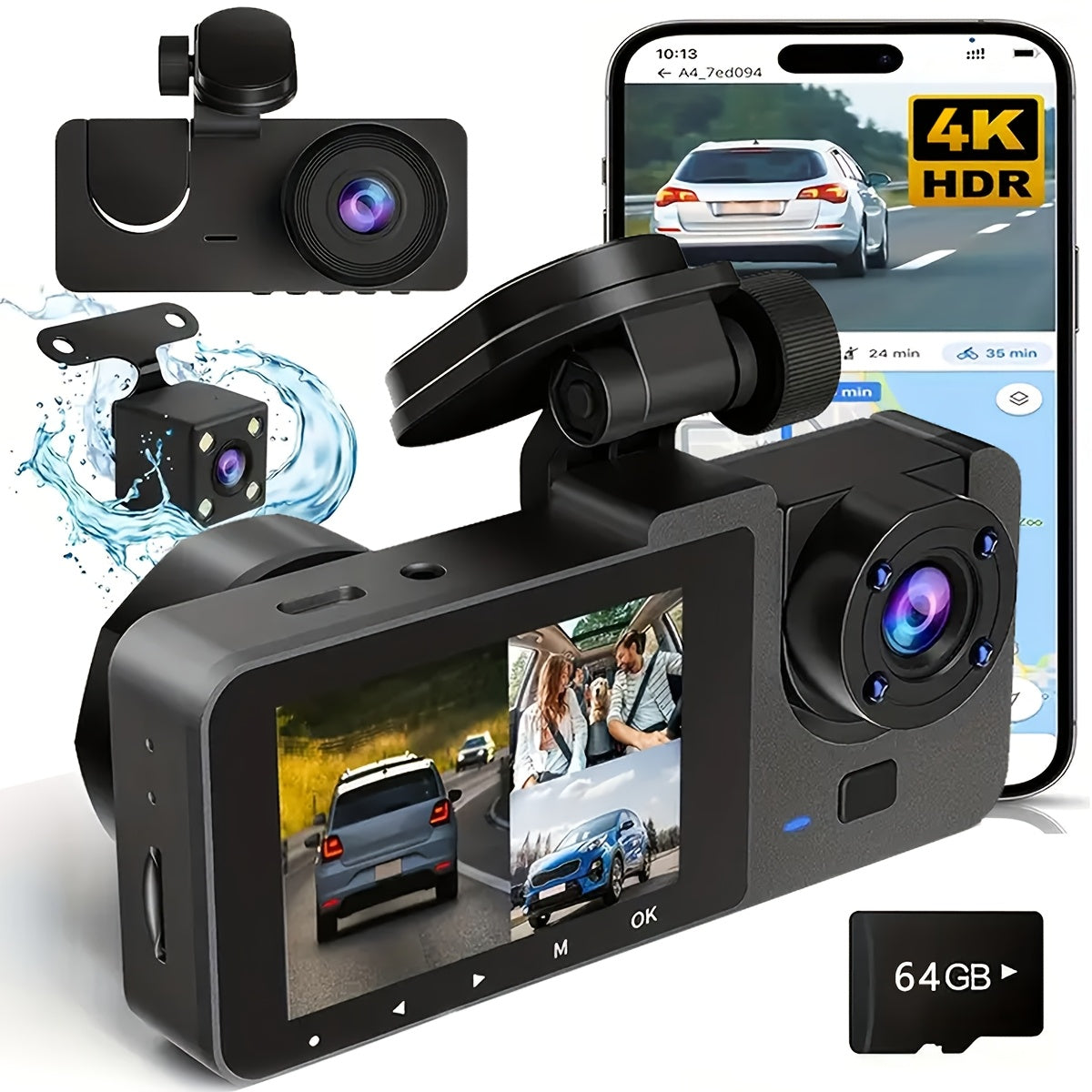 Front 4K/ Built- 1080P Three-Channel Front and Rear Built-in Dash Cam, Full HD Car DVR with Infrared Night Vision Function, Loop Recording, Includes 32/64GB SD Card, WDR, 24-Hour Parking Mode - Birthday Gift YX15, Road Trip C