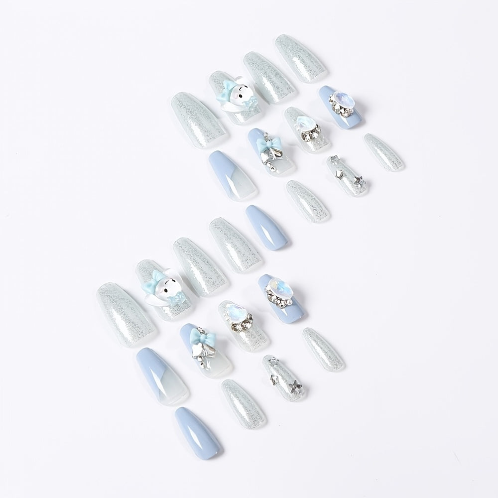 [Playful Nail Design] 24pcs Sanrio Cinnamoroll Press-On Nails | Silvery Glitter, Ballet Style, Full Cover, Glossy Finish, Cartoon Design, Medium Length, ABS Material, Manicure & Pedicure, Nail Art Accessories