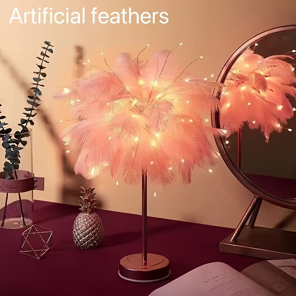 [Pink Feather Table Lamp] Large Modern Artificial Feather Table Lamp with LED Uplight | Elegant Pink & White Design, Brushed Finish, Battery-Powered for Bedroom, Living Room, KTV, Cafe, or Home Decor