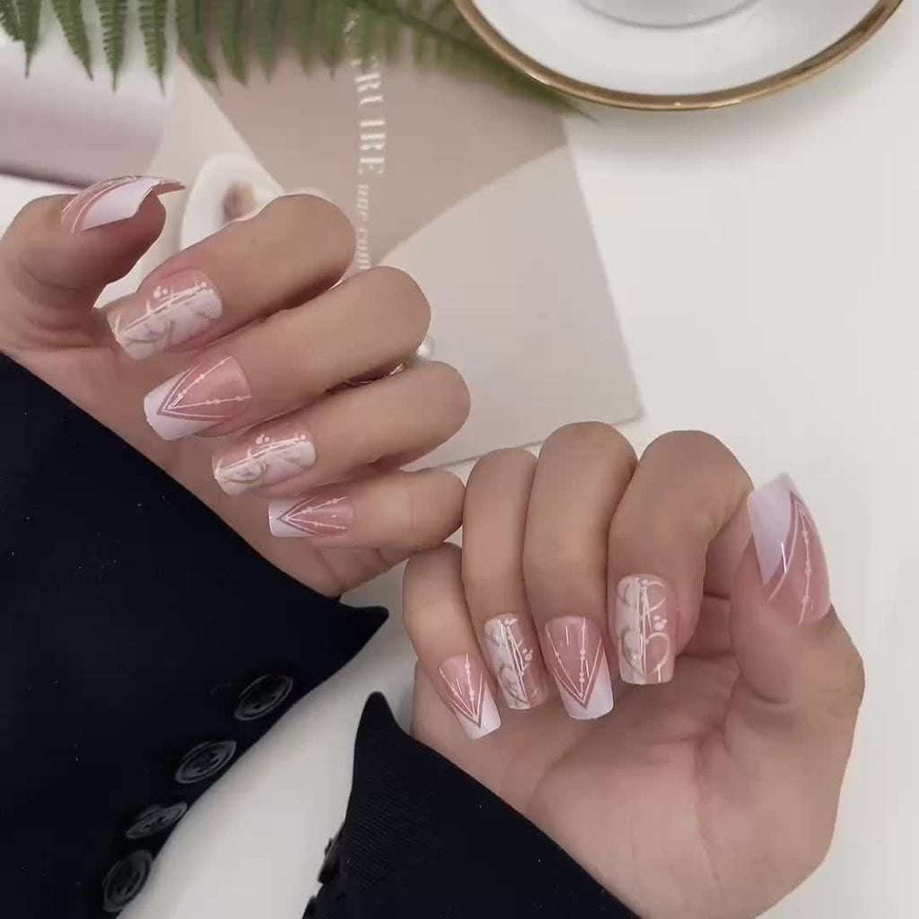 [Glossy Press-On Nails] 24pcs Square Medium-Length Press-On Nails | White & Pink Glossy Fake Nails with Cloud & Heart Designs - Includes Jelly Glue & Nail File for Daily & Holiday Wear