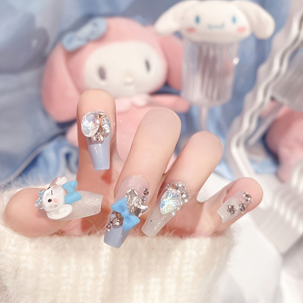 [Playful Nail Design] 24pcs Sanrio Cinnamoroll Press-On Nails | Silvery Glitter, Ballet Style, Full Cover, Glossy Finish, Cartoon Design, Medium Length, ABS Material, Manicure & Pedicure, Nail Art Accessories